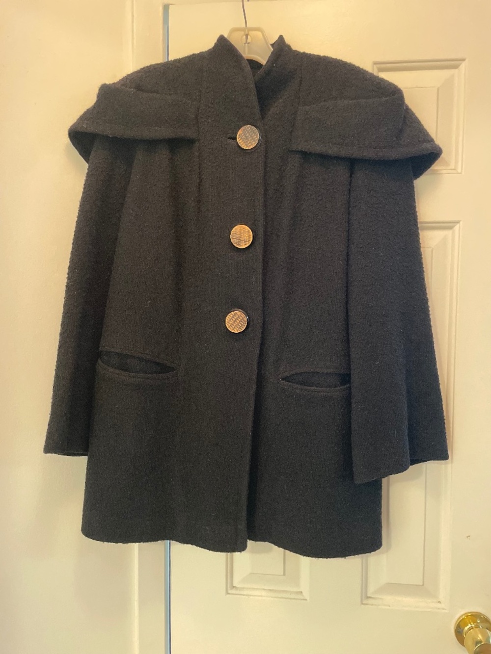 Vintage 1960s Mary Lane Black Wool Capelet Boucle Swing Cape Coat - Est. Sz. Med